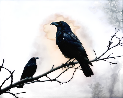 Black crow, multiple birds, perched on branch, dark feathers, beak open, wings spread, morning mist, eerie atmosphere, low-key lighting, cinematic composition, shallow depth of field, mysterious mood.