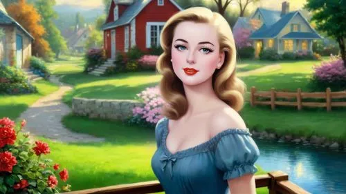 masterpiece romantic oil painting, cute girl portrait, 1950's style kistch, classic tradwife, nostalgic vintage retro scenery, rural suburban town landscape, by Thomas Kinkade, high res,gwtw,dorthy,ma