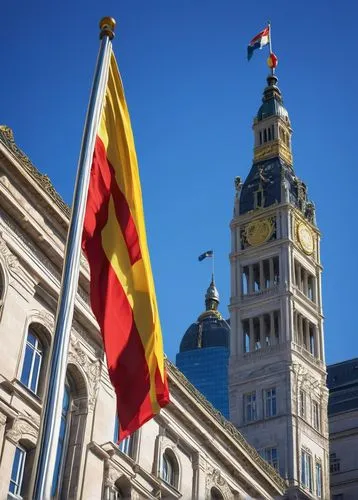 National flag, waving gently, fluttering in the wind, vibrant colors, intricate designs, golden embroidery, silky smooth fabric, rectangular shape, pole attached, standing upright, city hall, governme