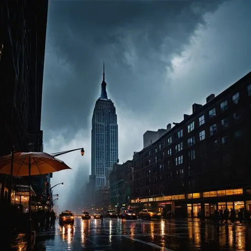 chrysler building,stormy,gotham,stormy blue,empire state building,esb,Illustration,Realistic Fantasy,Realistic Fantasy 04