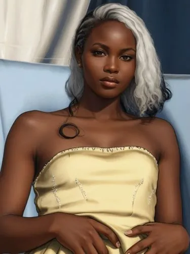 simple drawing of an African girl with black hair in a dress near a window,a 3d generated image of a woman sitting on a chair,ororo,toccara,binti,tiana,danai,monique,Photography,General,Realistic