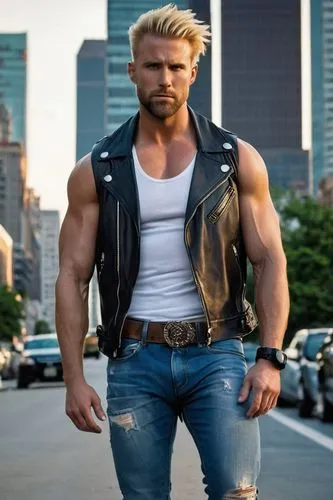 Muscular man, ultimate Chad, strong facial features, chiseled jawline, piercing blue eyes, messy blond hair, thick beard, ripped chest, bulging biceps, tight waist, powerful legs, black leather jacket