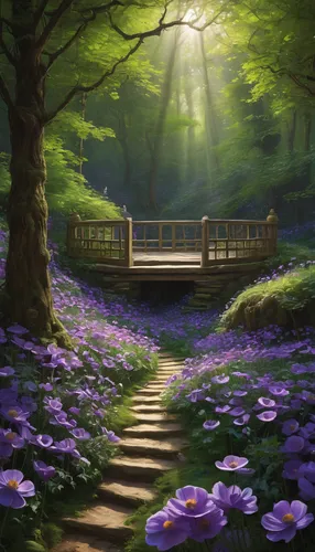 wooden path,purple landscape,forest path,landscape background,springtime background,pathway,forest landscape,spring background,forest background,hiking path,fairy forest,blue woodland phlox,the mystical path,spring morning,nature landscape,forest glade,garden bench,wooden bench,the natural scenery,walkway,Art,Classical Oil Painting,Classical Oil Painting 16