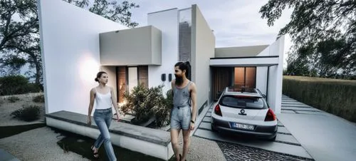 DISEÑO EXTERIOR DE VIVIENDA RESIDENCIAL, ESTILO MINIMALISTA, CON ELEMENTOS EN FACHADA A BASE DE MUROS EN COLOR BLANCO, TABIQUE APARENTE, REMATES COLOR GRIS,LUZ DE DIA, LUZ NATURAL,  PERSONAS, AUTOS, F