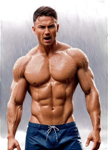 Thunderstorm, dark clouds, lightning bolt, heavy rain, water droplets on skin, wet clothes clinging to body, muscular man, strong facial expression, dynamic pose, 3D rendering, detailed wrinkles, real