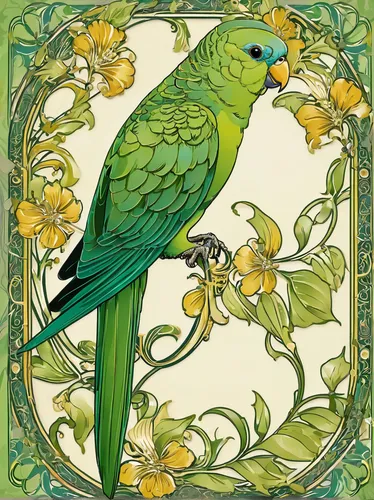 green parakeet,yellow green parakeet,green bird,flower and bird illustration,yellowish green parakeet,yellow parakeet,art nouveau design,golden parakeets,parakeet,beautiful yellow green parakeet,art nouveau,an ornamental bird,ornamental bird,yellow-green parrots,rose-ringed parakeet,sun parakeet,kakariki parakeet,tiger parakeet,bird illustration,canary,Illustration,Retro,Retro 13