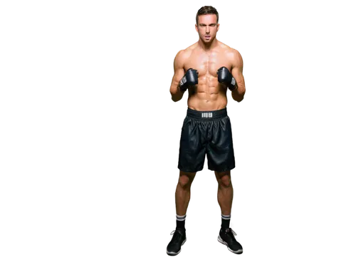 Muscular man, boxer, athletic build, sweaty skin, intense gaze, messy short hair, boxing gloves, ripped boxing shorts, defined chest muscles, six-pack abs, strong legs, standing pose, fists clenched, 