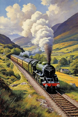 steam locomotives,steam train,steam special train,scotsman,steam railway,steam locomotive,waverley,hogwarts express,highland main line,steam engine,steam power,clyde steamer,prince of wales,locomotives,oil painting on canvas,full steam,children's railway,br445,the train,passenger train,Illustration,Retro,Retro 06