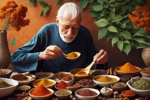 old person putting herbal paste on their joints surrounded by cinammon, ginger and other spices,colored spices,salsas,ayurveda,herbs and spices,mexican painter,abuelo,norouz,spices,pozole,ricupero,ayu