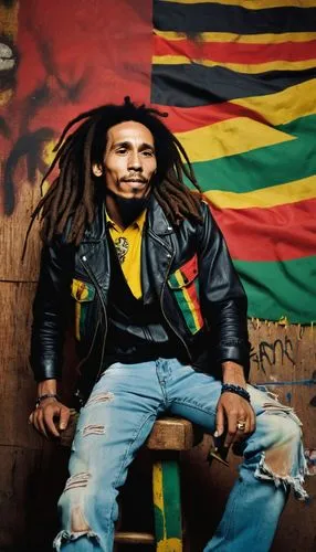 Rastafarian man, Bob Marley, solo, reggae legend, dreadlocks, relaxed facial expression, sunglasses, gold chain, black leather jacket, white shirt, ripped blue jeans, bare feet, sitting on a wooden st