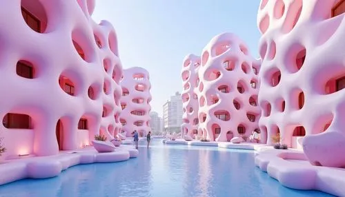 Vibrant blob-shaped buildings, pastel color scheme, soft pink hues, calming blue tones, creamy white accents, iridescent materials, futuristic architecture, sleek metallic surfaces, glowing neon light