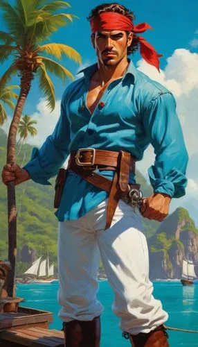 Male/Female pirate, dynamic pose, muscular arms, bandana, white shirt with open chest, blue pants with red sash, brown boots, iconic straw hat, adventurous gaze, bold eyebrows, determined facial expre