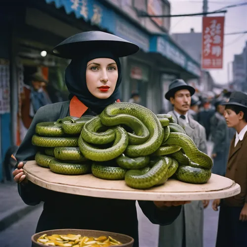 Imagine a futuristic world where snake-shaped pickles are a popular snack. Describe a snake pickle vendor selling them to curious customers.,green soybeans,green snake,vendor,snake gourd,snake charmin