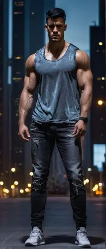 Muscular man, athletic build, intense gaze, short black hair, strong jawline, sleeveless shirt, ripped jeans, sneakers, standing, city street, skyscraper, night scene, neon lights reflection, misty at