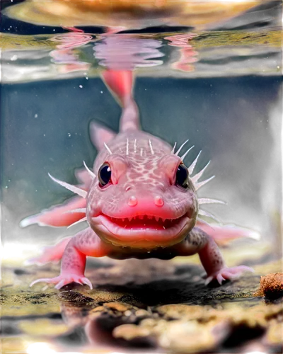 axolotl, Mexican salamander, aquatic animal, underwater scene, brownish-gray skin, feathery gills, cute eyes, smiling face, floating in water, transparent background, soft focus, natural lighting, sha