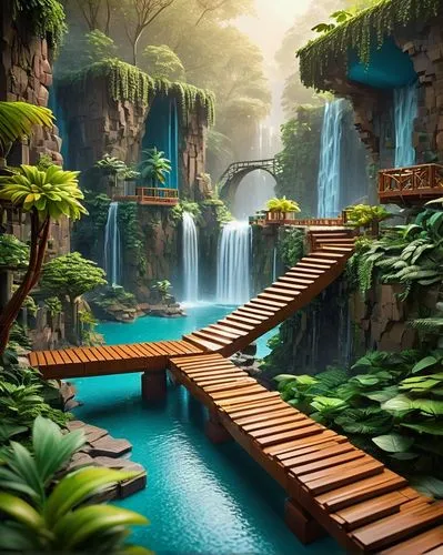 adventure bridge,cartoon video game background,fantasy landscape,wooden bridge,water stairs,nature wallpaper,green waterfall,full hd wallpaper,underwater oasis,tropical forest,ravine,oasis,waterfalls,tropical jungle,scenic bridge,waterfall,flooded pathway,beautiful wallpaper,fantasy picture,futuristic landscape,Illustration,Realistic Fantasy,Realistic Fantasy 01