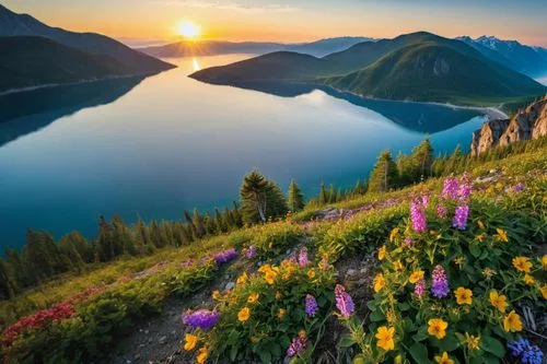 the valley of flowers,mountain sunrise,beautiful landscape,alpine meadow,british columbia,mountain meadow,heaven lake,changbai mountain,crater lake,alpine flowers,alpine meadows,landscapes beautiful,n