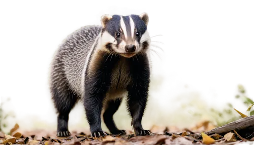 Wild badger, furry texture, white stripes on forehead, pointed snout, sharp claws, bushy tail, standing on hind legs, front paws together, forest floor, morning mist, soft natural light, 3/4 compositi