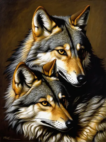 wolves,wolf couple,two wolves,huskies,canines,wolf pack,canidae,canis lupus,foxes,oil painting on canvas,oil painting,three dogs,vulpes vulpes,south american gray fox,hunting dogs,fox stacked animals,werewolves,landseer,wolf hunting,woodland animals,Art,Classical Oil Painting,Classical Oil Painting 05