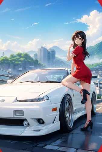 a white nissan Silvia, with a sexy asian lady, wearing tight short red dress.,a woman in a red dress next to a white car,nissans,wanganella,eurobeat,nihondaira,3d car wallpaper,muscle car cartoon,Anim