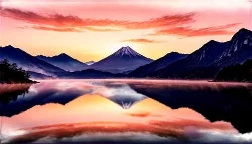 Morning sun, sunrise, golden light, soft warm glow, gentle rays, clouds with pinkish hue, wispy cirrus clouds, majestic mountain range, serene lake reflection, misty atmosphere, 3/4 composition, low a