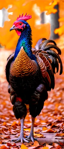 Wild turkey, adult male, vibrant feathers, iridescent sheen, red wattle, bright eyes, strong legs, rustic background, autumn season, golden light, 3/4 composition, shallow depth of field, warm color t