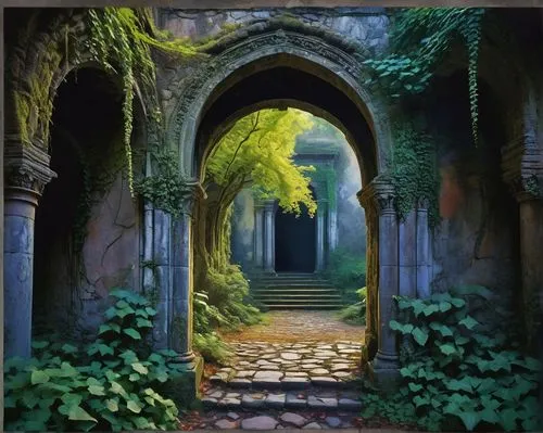 doorways,archways,hall of the fallen,the threshold of the house,portal,the mystical path,passageway,archway,fantasy picture,entrada,rivendell,entranceways,passageways,entrances,threshold,doorway,entranceway,pathway,corridors,labyrinthian,Conceptual Art,Oil color,Oil Color 25