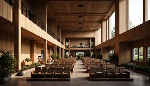 Grand auditorium, high ceilings, expansive windows, natural light pouring in, warm wooden tones, comfortable seating, state-of-the-art sound systems, minimal ornamentation, sleek modern architecture, 