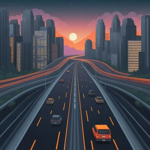 warm and deep spring botanical  gradient colors, asphalt grey highway, light and dark silver glass reflective skyscrapers, cityscape, night, stars moon, matte and vibrant,a drawing of a busy city at n