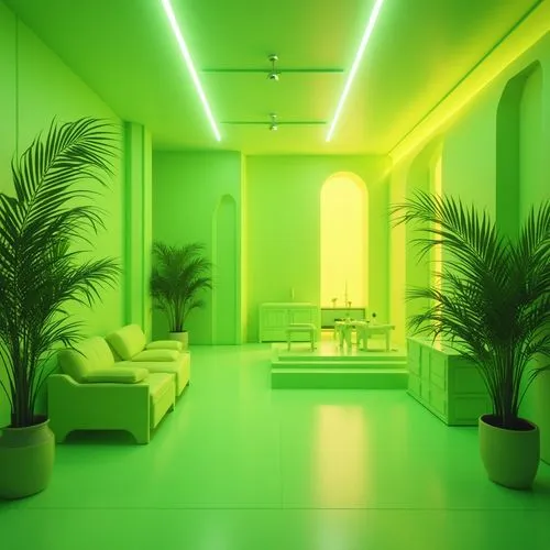 Vibrant lime green, citrusy freshness, energetic and youthful vibe, tropical fruit inspiration, summery feel, bright accent walls, pastel shaded furniture, neon-lit cityscape, retro-futuristic ambianc