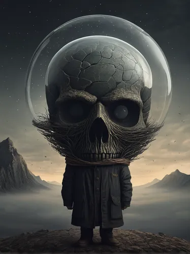 death head,crystal ball,skull statue,crystal ball-photography,death's head,human skull,skull bones,dead earth,sci fiction illustration,skull sculpture,skull mask,death's-head,diving helmet,extraterrestrial life,skull allover,somtum,human head,primitive man,death mask,extraterrestrial,Illustration,Realistic Fantasy,Realistic Fantasy 17