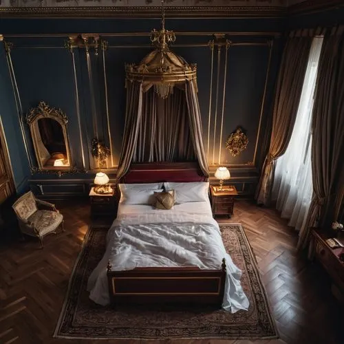 bedchamber,ornate room,chambre,victorian room,four poster,bedroom,sleeping room,bedrooms,danish room,blue room,guest room,great room,bedspread,bedspreads,beds,camondo,royal interior,wade rooms,rooms,one room,Photography,General,Realistic