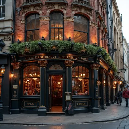 Grandiose pub facade, ornate classical details, intricately carved stonework, symmetrical composition, majestic columns, arched windows, richly textured brick walls, ornamental cornices, grand entranc