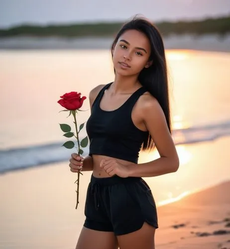 A tanned 18-year-old girl with straight black hair, she wears sneakers, a tank top and black shorts.  Lover holding a rose on the beach at sunset.,a girl in shorts and top holding a rose,laotian,cambo