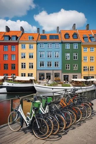 Copenhagen, Nordic design, modern architecture, white façade, minimalist, Scandinavian style, large windows, wooden accents, green roof, urban landscape, Nyhavn harbor, colorful buildings, canal view,