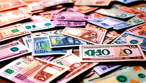 Various denomination banknotes, scattered, solo, detailed texture, crumpled, folded, shiny surface, morning light, soft focus, shallow depth of field, realistic, 3/4 composition, warm color tone.,many