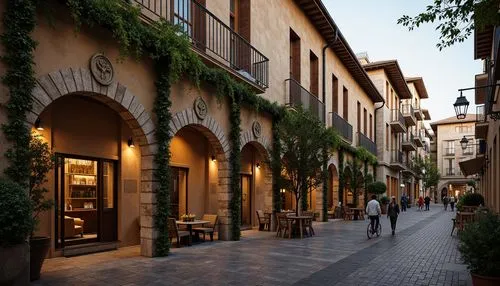 Rustic hostel facade, renaissance-inspired architecture, warm earthy tones, ornate stone carvings, grand entrance arches, decorative cornices, wooden shutters, wrought iron balconies, lush greenery, c