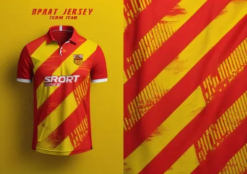 t shirt jersey team mockup yellow and red color halftone dotted design,the sport jersey displayed in front of an abstract background,jagiellonia,nordsjaelland,firhill,galatasary,afellay,espanyol,Photo