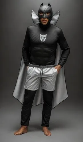 Photograph of the superhero, black puma, light gray shorts, spandex, low-budget,henchman,steel man,super hero,asian costume,cartoon ninja,superhero,épée,caped,sea devil,cosplay image,martial arts unif