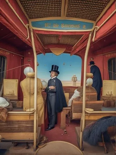 Create a surrealistic painting; full of fancy people; 1920s somewhere in America ,ceremonial coach,stagecoach,museum train,bus from 1903,merchant train,train compartment,carriage,wooden carriage,chart