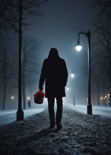 the cold season,red bag,winters,hooded man,winter background,sleepwalker,red coat,night snow,russian winter,hard winter,lamplighter,walking man,night photography,in the winter,night image,midnight snow,night scene,a pedestrian,winter mood,to be alone,Photography,Documentary Photography,Documentary Photography 04