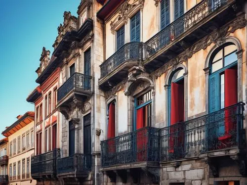 Porto-style architecture, grandiose buildings, ornate facades, Baroque details, rusticated stones, tall windows, balconies with intricate ironwork, red-tiled roofs, narrow cobblestone streets, histori