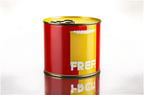 Cartoon tin can, shiny metal surface, rounded body, pop-top lid, colorful labels, vibrant red and yellow colors, slight rust on edges, detailed texture, soft lighting, 3/4 composition, shallow depth o