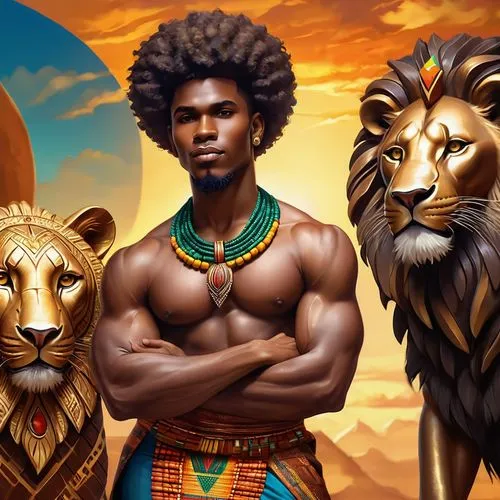 Brown Pride Artwork, vibrant African culture, Afro hairstyle, colorful dashiki, bold facial features, strong jawline, confident posture, muscular arms crossed, chest adorned with traditional beads, wa