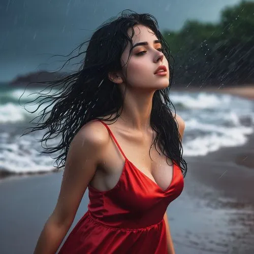 very high resolution 8K picture, a realistic photography picture, H-Cup, very beautiful 20 years old girl, lond messy black hair, detailed standing on the beach with rain falling down. Wearing a short