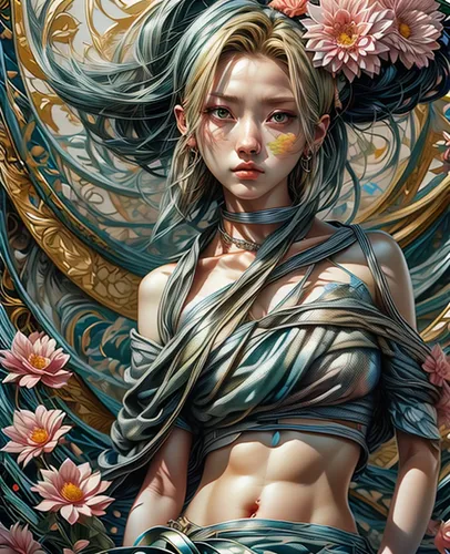 amano,fantasy portrait,flora,elven flower,japanese art,zodiac sign libra,fae,medusa,flower fairy,fiori,petals,fantasy art,fallen petals,oriental princess,dahlia,digital painting,girl in flowers,blossoms,sacred lotus,aphrodite