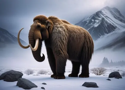 Mammoth, fantasy creature, massive size, shaggy fur, curved tusks, gentle eyes, ancient wisdom, snow-capped mountain, misty atmosphere, mysterious ambient lighting, cinematic composition, fog rolling 