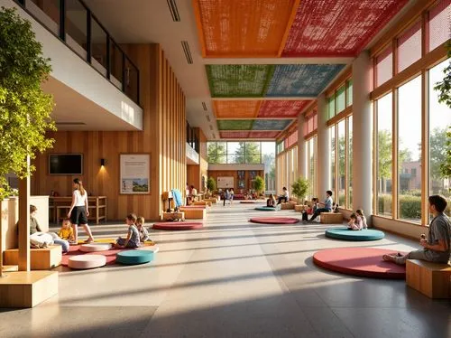 Vibrant kindergarten building, playful structuralism style, colorful textile patterns, woven fabric installations, wooden play structures, soft cushioned floors, cozy reading nooks, educational signag