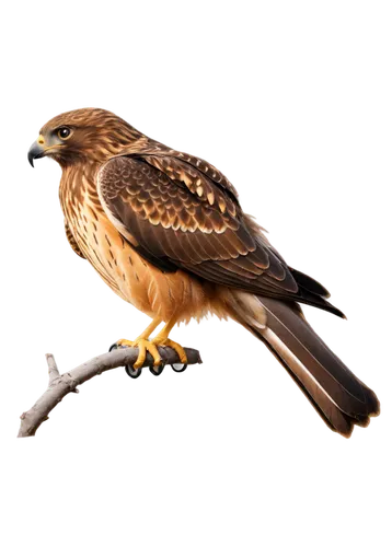 hawk, bird, sharp eyes, curved beak, brown feathers, wings spread wide, perched on branch, morning sunlight, soft focus, shallow depth of field, natural composition, warm color tone, cinematic lightin