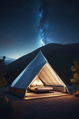 Luxury camping, futuristic tent, geometric structure, silver metal framework, transparent glass walls, reflective mirror surfaces, LED strip lights, cozy interior, plush carpet, modern furniture, mini